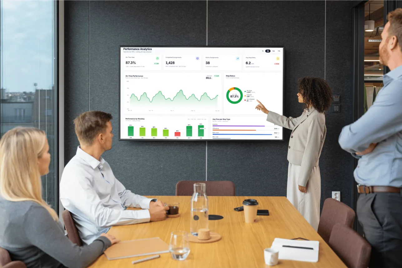 Three people in a meeting room, one pointing at the CargoGauge analytics page on a wall screen.
