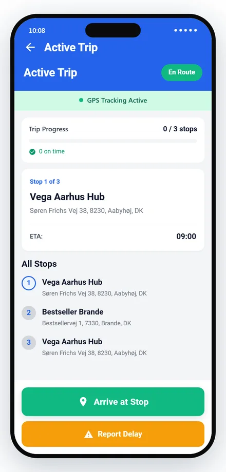 The driver app during a running trip, showing the current stop, its status and the progress through the route.