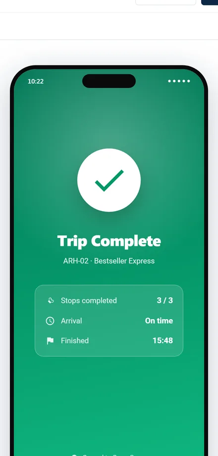 The driver app confirming a completed trip: three of three stops, arrival on time, and the run synced back to CargoGauge.