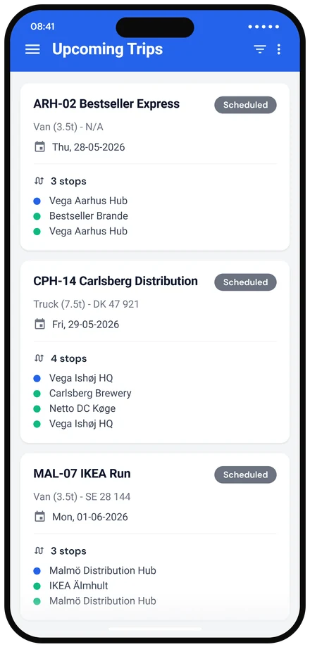 The CargoGauge driver app on a phone, listing the driver’s upcoming trips with the vehicle, the date and the stops on each run.