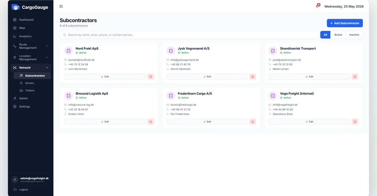 The subcontractors page, listing partner hauliers with their contact details, vehicle counts and status.
