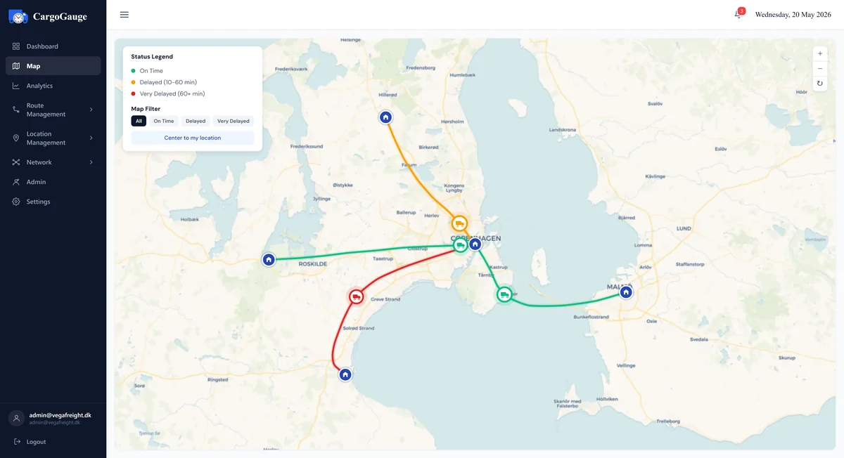 The live map, showing routes across Copenhagen and Malmoe colour coded by status, with truck and facility markers and a status legend.