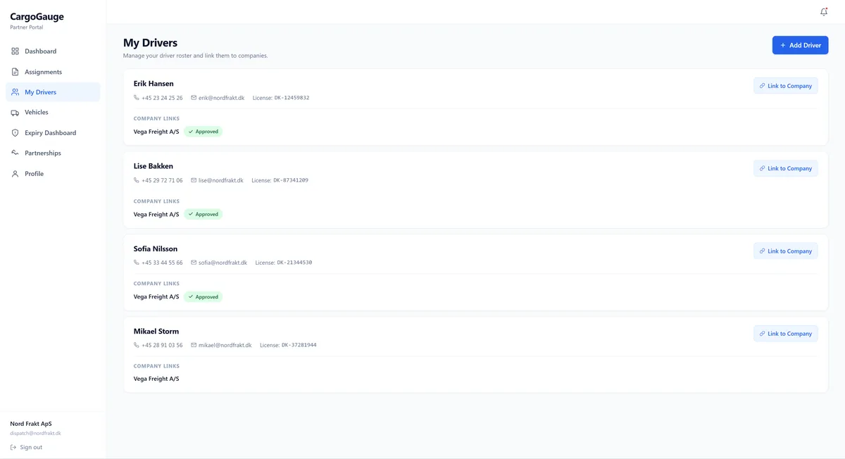 The partner portal driver, vehicle and document pages, where a subcontractor keeps their own register.