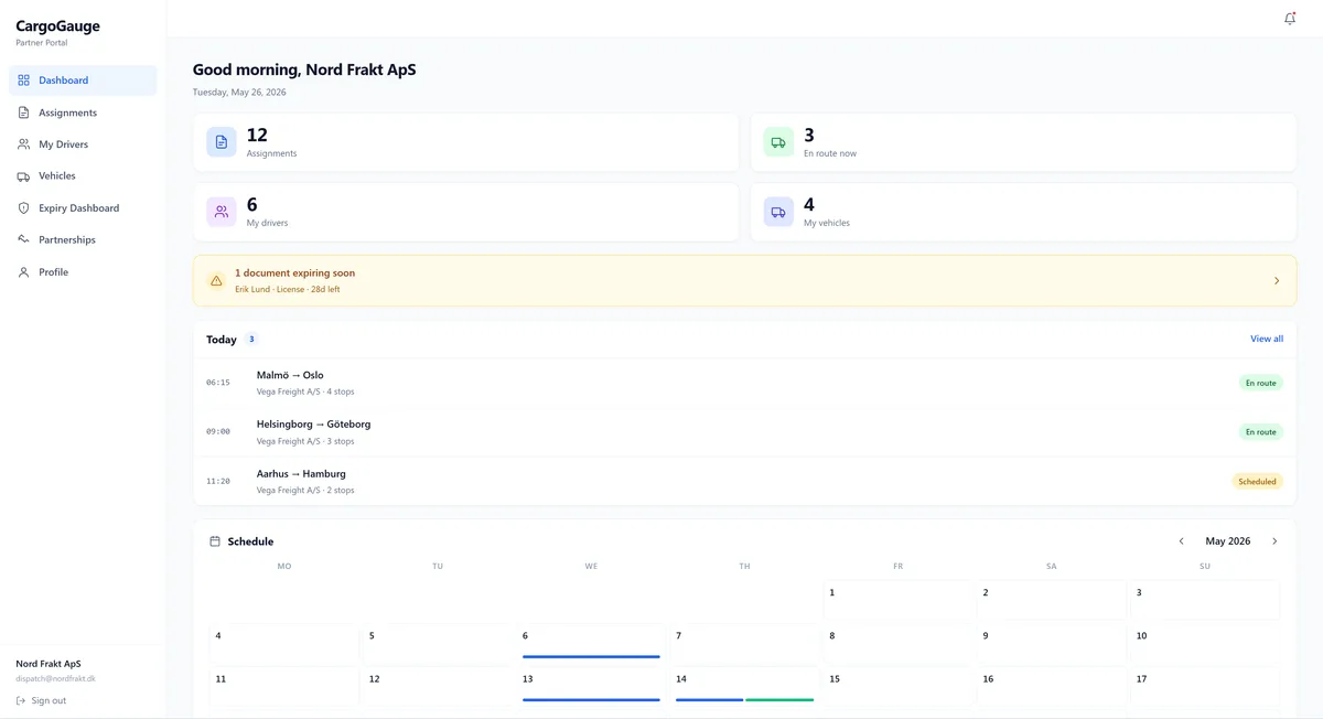 The partner portal dashboard, showing a subcontractor their own assignments, drivers and month at a glance.