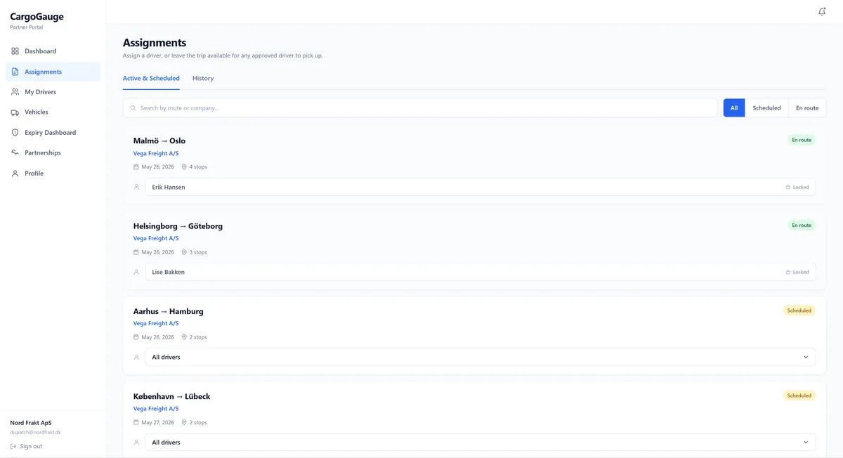 The partner portal assignments page, where a subcontractor assigns one of their own drivers to a run dispatched to them.