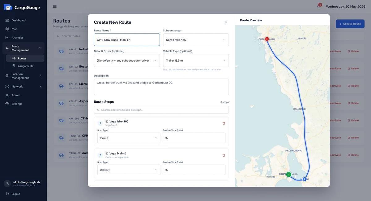 The CargoGauge route creator, with a new Copenhagen to Gothenburg route being named and given its stops, beside a map showing the run those stops produce.